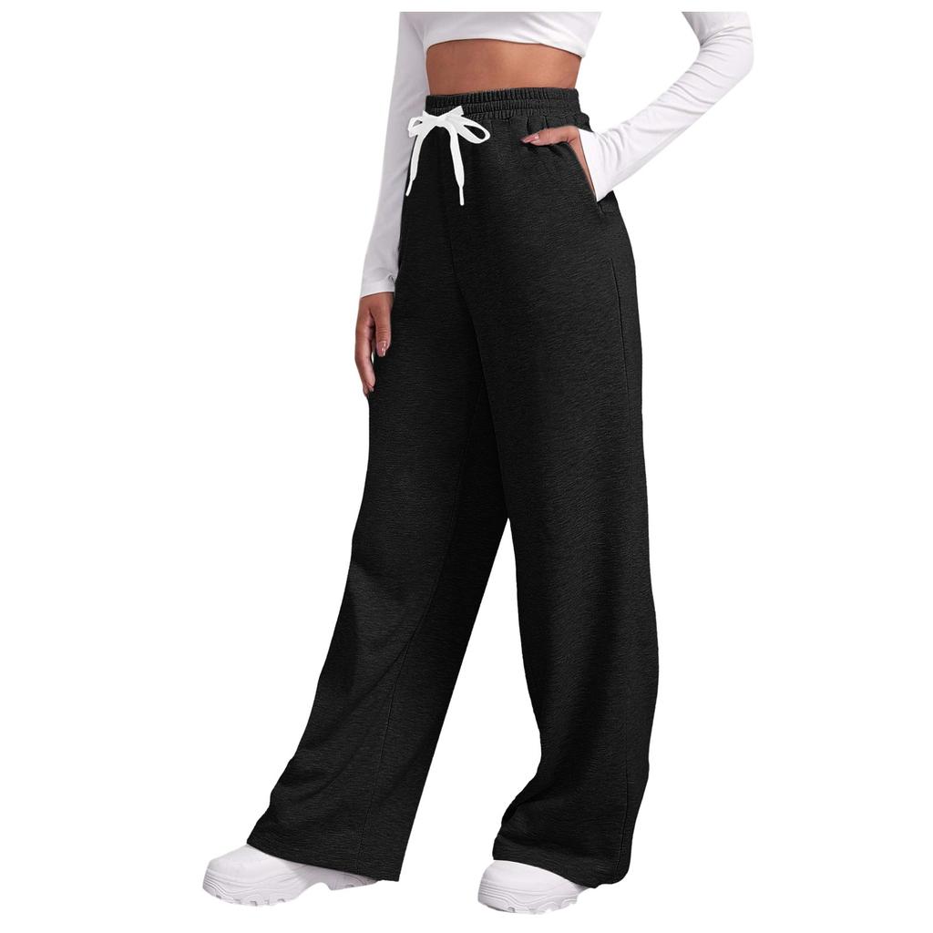 Damen Elastische Taille Hose mit Seitentaschen Fleecegefüttert Dicke Weite Beine Jogginghose Einfarbige Gerade geschnitten
