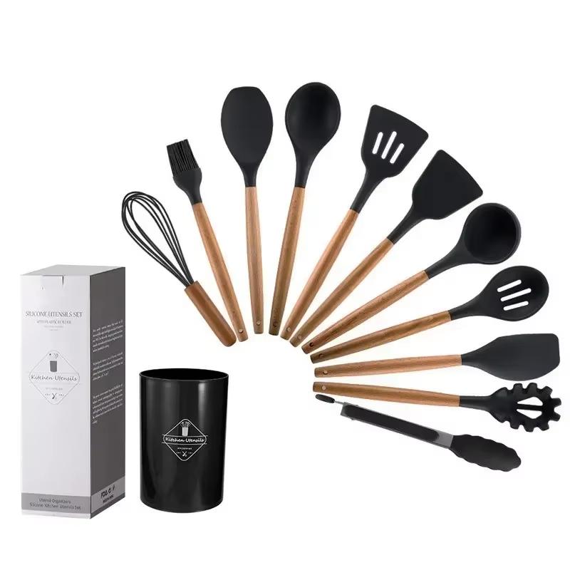 

12Pcs Wooden Handle Silicone Kitchen Utensils Set High Temp Resistant Non-Stick Heatproof with Storage Bucket for Daily Cookiing