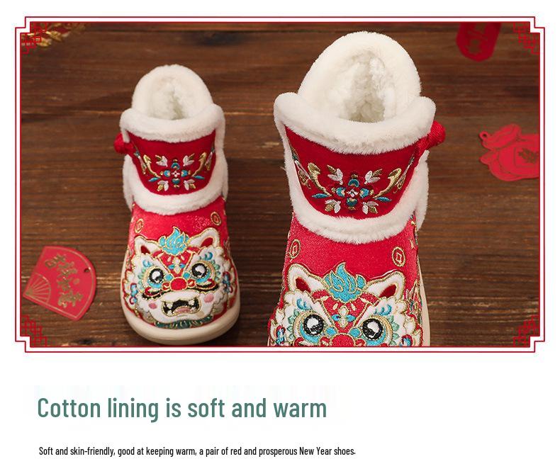 Girls' Ancient Style Embroidered Cotton Hanfu Shoes - Comfortable Slip-On, Thickened Cloth