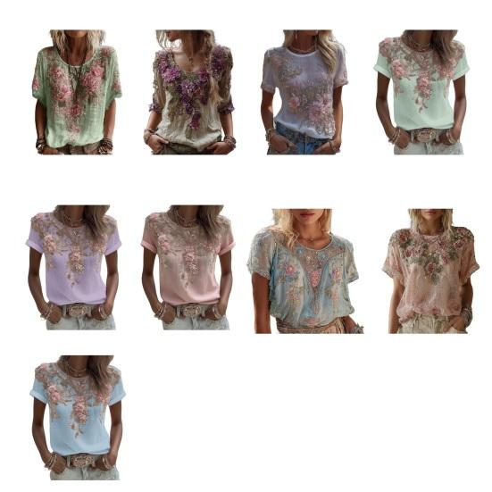Women Tops Round Neck Short Sleeve Pullover Tops Loose Fit Faux Pearls 3D Floral