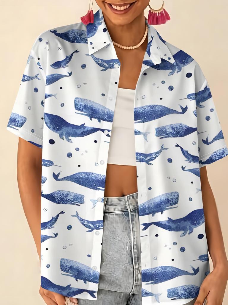 Gentle blue floral printed shirt for women, short-sleeve loose lapel design, niche vacation style top