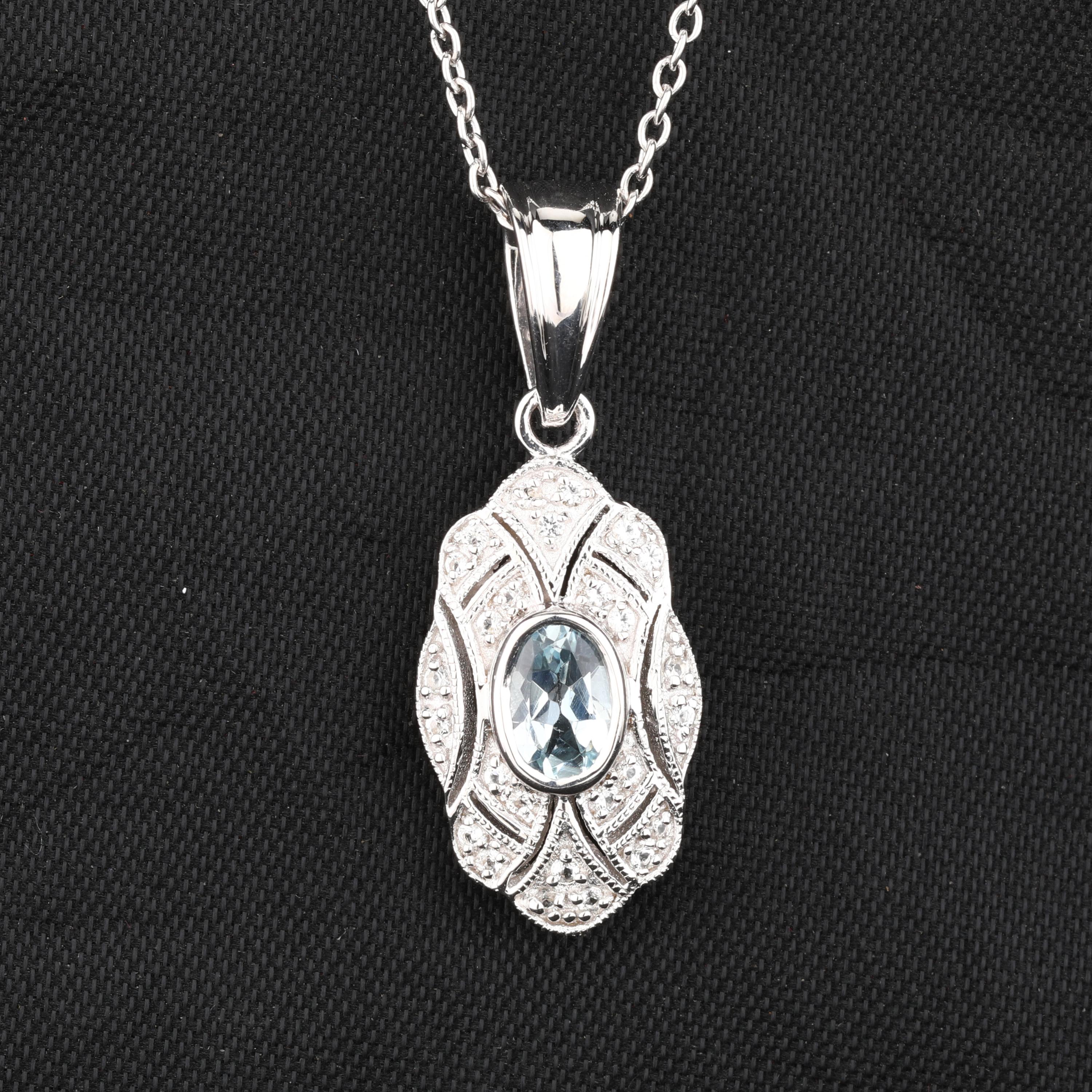 

Aquamarine Oval Pendant with White Topaz 925 Sterling Silver Rhodium білий