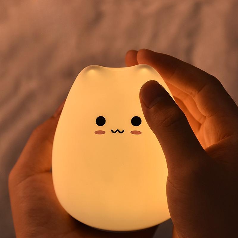 1pc Cute Kitten Shaped Soft Silicone Touch Color-changing Light Sleep Night Light 7-color-changing for Kid Room Bedroom Reading