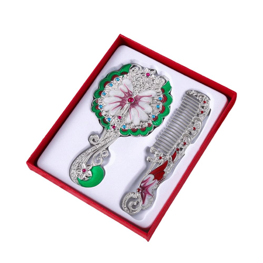 Portable Peacock Makeup Mirror Comb Set Hand-held Luxury Princess Make Up Mirror Metal Handle Embossing