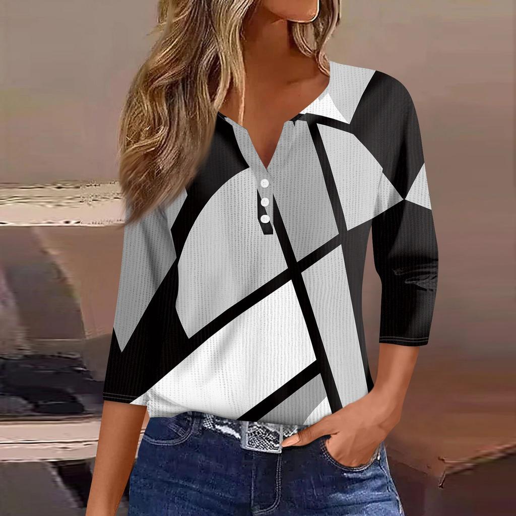 Women's T Shirt Tee Print Button 3/4 Sleeve Knit Sweater Daily Weekend Fashion Basic V- Neck Regular Top