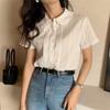 Korean Sle Summer Lace Design Thin Short Sleeve Doll Collar Blouse Anti-Aging Women's Fashion Shirt Pure Color Commute