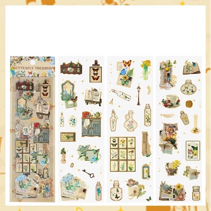 3ks/sada Laserové transparentní vodotěsné retro PET samolepky na ruční účet materiál samolepky studentské papírnictví scrapbooking