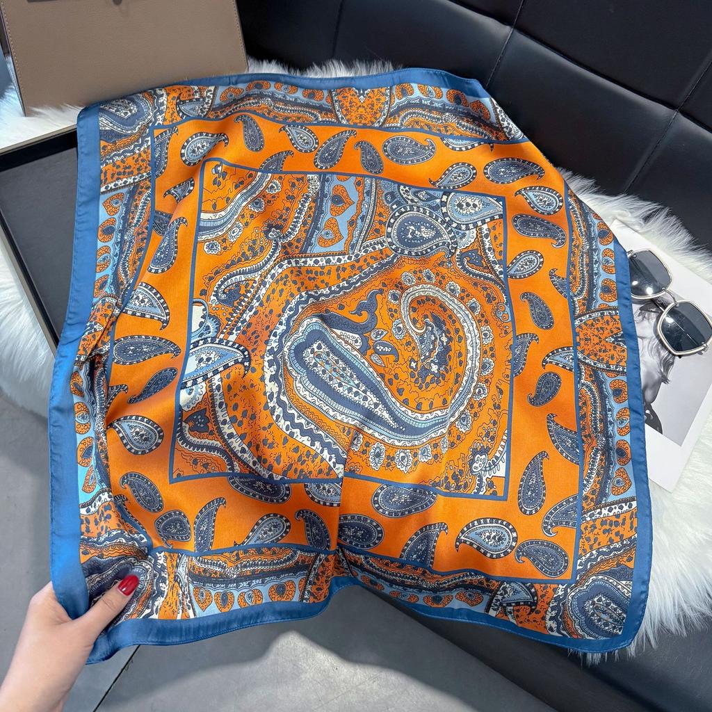 Wind Scarf Square Scarf Simulation Silk 70Cm Retro Cashew Print Literary Headband Suit With Decorative Scarf