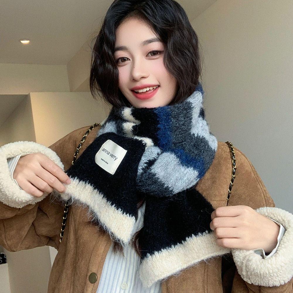Korean Style Knitted Stripe Scarf Thickened Women Winter Scarves Multicolor Cashmere Shawl  Female