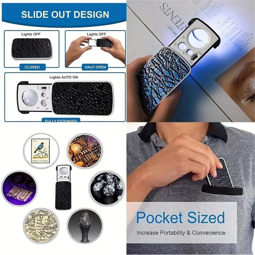 Ausziehbare Schmucklupe 30X 60X 90X LED-beleuchtete Augenlupe Mini-Tragbare Lupe mit UV-Licht für Schmuck
