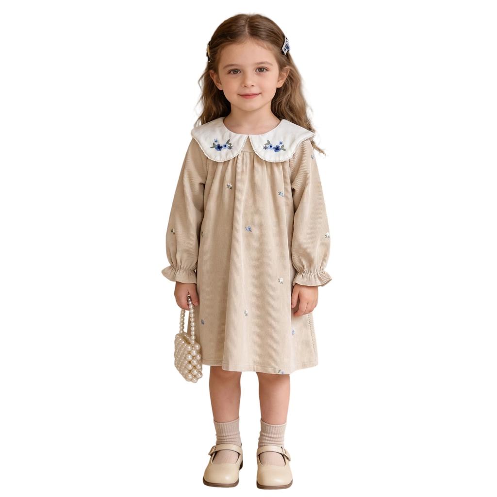 Girls Corduroy Dress with Long Sleeve and Embroidered Collar for Spring and Casual Wear