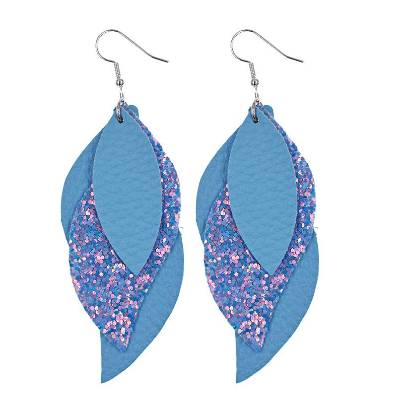 

Fashion 3 Layer Stackable Glitter Faux Leather Teardrop Earrings For Women PU Leaf Shaped Lightweight Dangle Earrings Zircon