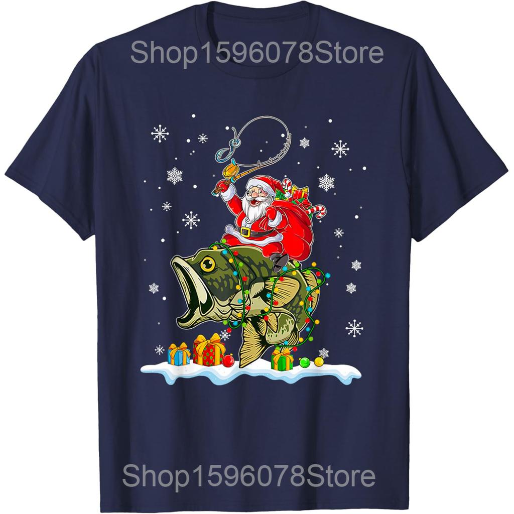 Christmas Bass Fishing Funny Santa Fish Fishermen TShirt Summer Fashion Summer Style Cotton Short Sleeve Oversized Tshirt Tops