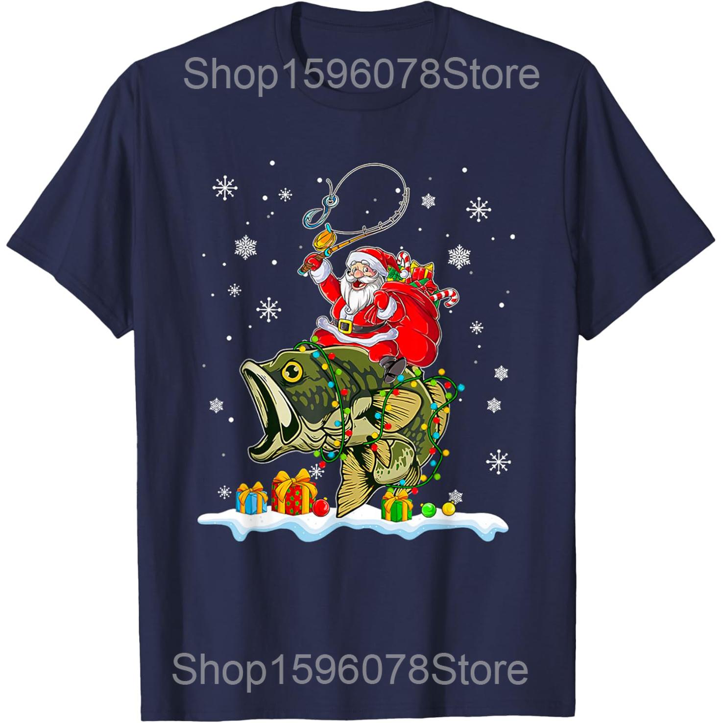 

Christmas Bass Fishing Funny Santa Fish Fishermen TShirt Summer Fashion Summer Style Cotton Short Sleeve Oversized Tshirt Tops S