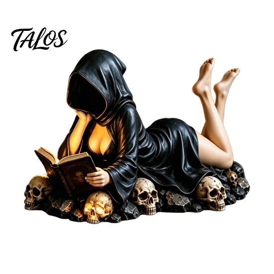 Decorazione Libreria Mistica Statua Lettore Gotico, Statuetta Scheletro Incappucciato in Resina, Statua Libro Seduta Decorazione Casa Accademia Oscura per Libreria,