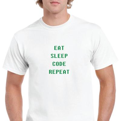 Eat Sleep Code Repeat Retro Computer Font White Solid Cotton T-Shirt S-5XL