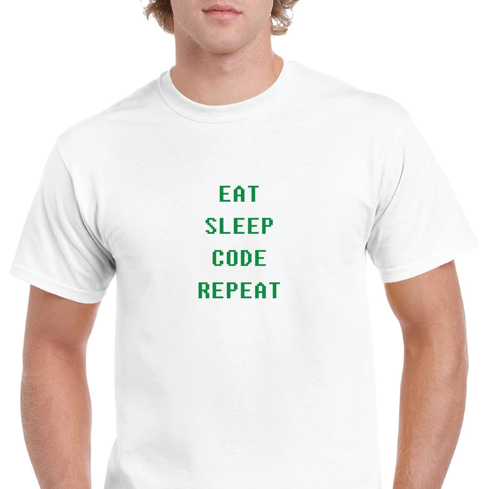 Eat Sleep Code Repeat Retro Computer Font White Solid Cotton T-Shirt S-5XL 3XL