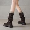 Krazing Pot Cow Suede Nubuck Winter Round Toe Modern Boots Med Heels Slip on Pleated Style Metal Buckle Mid-calf Boots