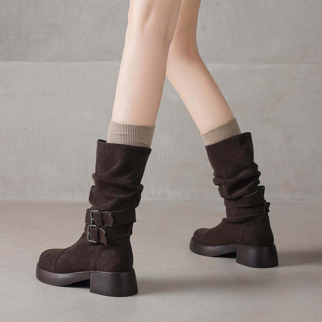 Krazing Pot Cow Suede Nubuck Winter Round Toe Modern Boots Med Heels Slip on Pleated Style Metal Buckle Mid-calf Boots