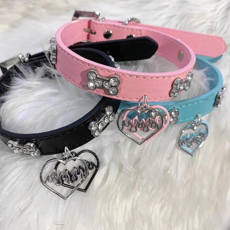 Y2K Bling Rhinestones Dog Bone Hollow Heart Charm Choker Trendy Punk PU Leather Necklace Sweet Cool Girls Jewelry Accessories