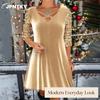 JPNTKY Women's Fashion Summer Spring Solid Color Print Long Sleeve V-Neck Casual Dresses