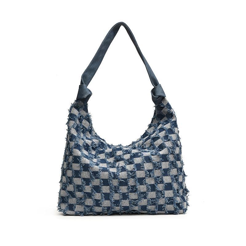 New niche design denim contrasting color plaid tote bag student casual versatile large-capacity shoulder bag