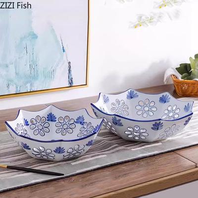 Blue and White Porcelain Fruits Bowl Nuts Snack Storage Tray Embossed Texture Hollowed Out Plates Home Kitchen Fruits Drain Bowl