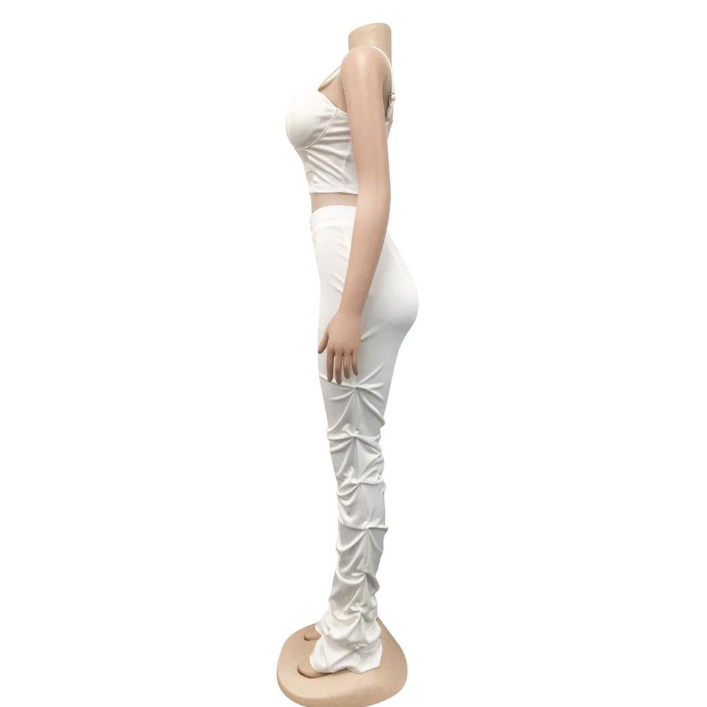 X5215 Women's Solid Color Sexy Camisole Bustier Zipper Vest and Long Pants Two-Piece Set