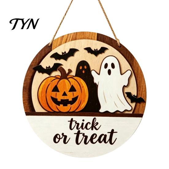 Fall Party Decorations Halloween Layered Round Door Hanger, 3D Pumpkin Ghost Owl Wood Welcome Sign, Wooden Hanging Decor Farmhouse Front Wall for Home