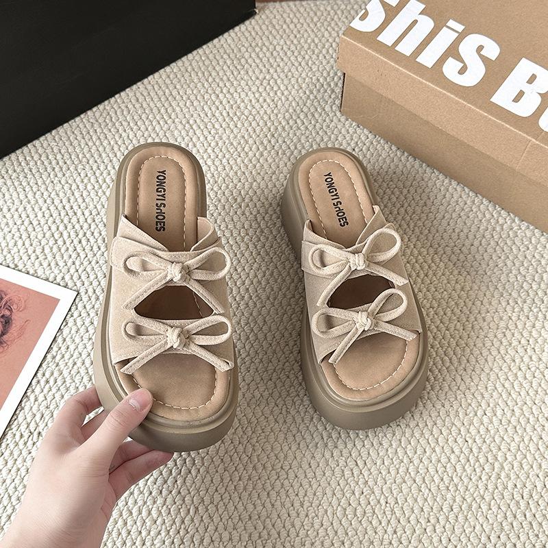 

Туфли-шлепанцы на платформе с бантом в стиле феи, женские, лето 2025, новая модель, сандалии на небольшой платформе, сандалии на одной перемычке 40