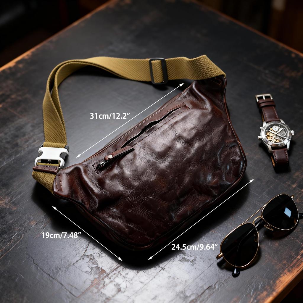 IJUN Men's Vintage Body Bag - Handmade Vegetable-Tanned Leather, Size Small