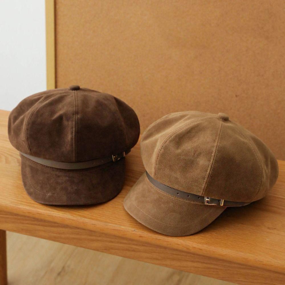 British Style Pu Leather Beret Brown Painter Hat Fashion Suede Octagonal Hat  Streetwear