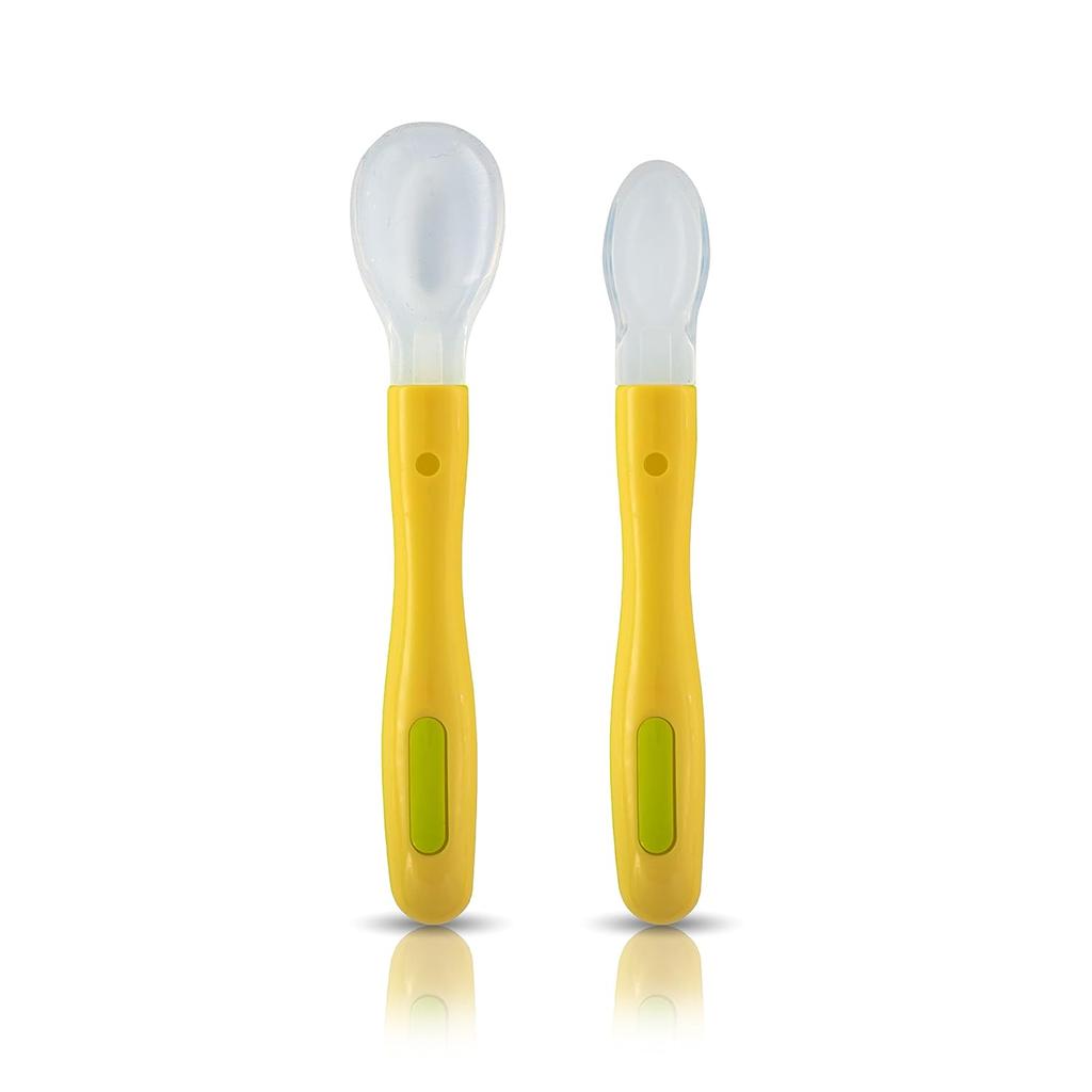 Luvlap Fun Club Baby Silicone Spoon Set Bpa Free 2 Pcs Green And Yellow 23.4 Cm Infant Weaning Toddler Feeding Spoons