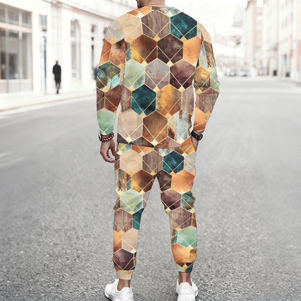 Men Cyan Base Gold Glitter Leopard Splicing Print Long Sleeve Sweatshirt Jogger Pants Two Piece Suit