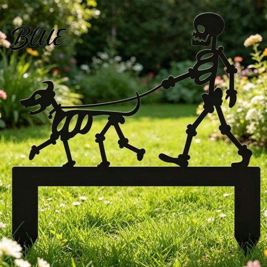 Easy Install Garden Stake Skeleton Dog Stake Black Walking Metal Decoration Stable for Lawn Funny Halloween Yard Art Outdoor Decoration