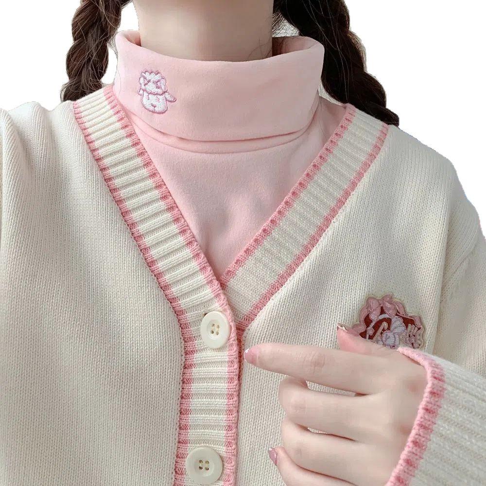 Damen High-Neck Fleecegefüttert Lammstickerei Locker Langarm Oberteil