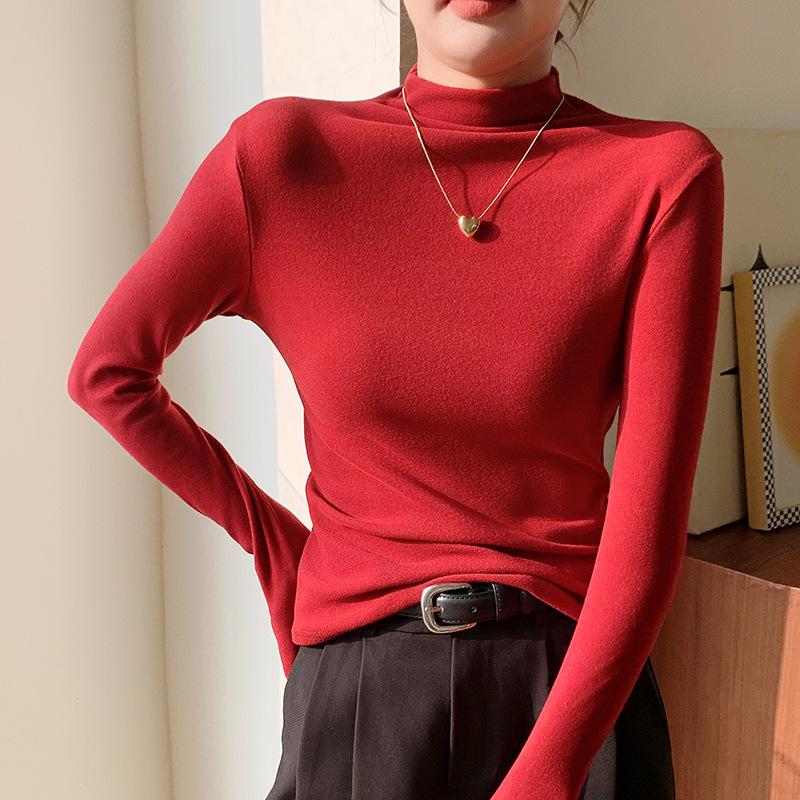 H679 Women's Slim Fit Half-High Collar Long-Sleeve Solid Color Warm Top for Autumn/Winter