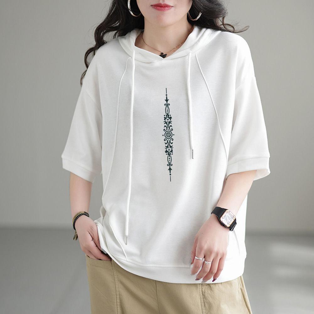Literarische T-Shirts für Damen Mit Kapuze Bedruckte Oberteile Oversize Lässig Locker Koreanischer Stil Halbarm Retro Ästhetik Kleidung Trend