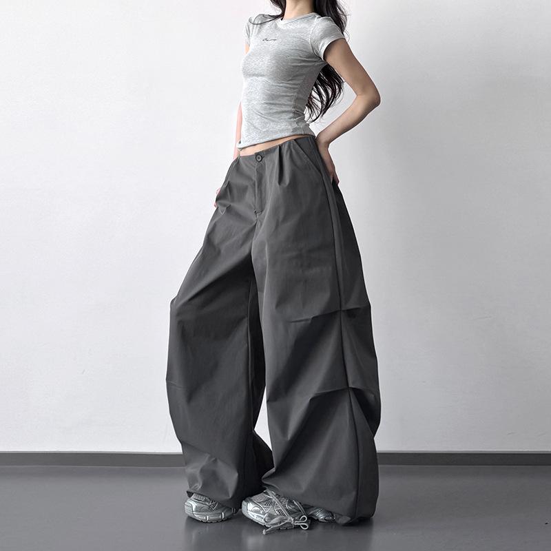 

2026 Women s Gray High-Waisted Wide-Leg Parachute Pants: Slimming, Casual, Loose Fit, Straight Leg L