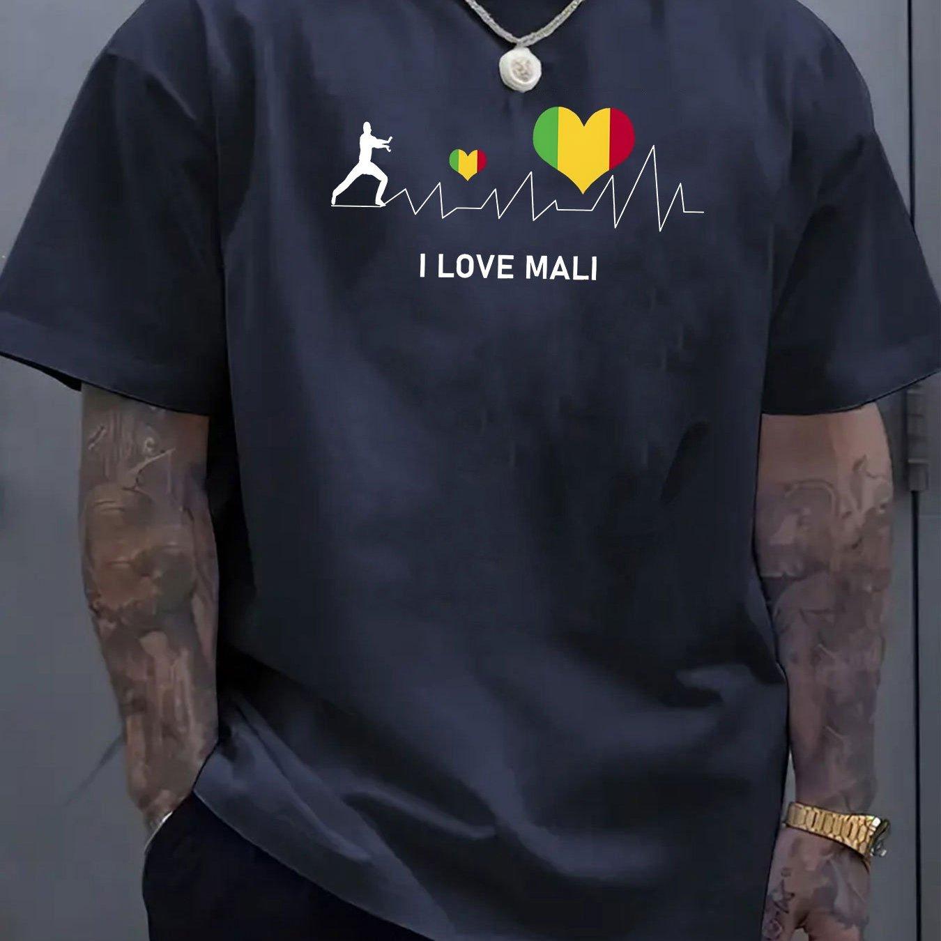 

Men S Casual Crew Neck T-Shirt with I Love Mali Heartbeat Design Breathable Regular Fit Men Clothing Comfortable 4XL