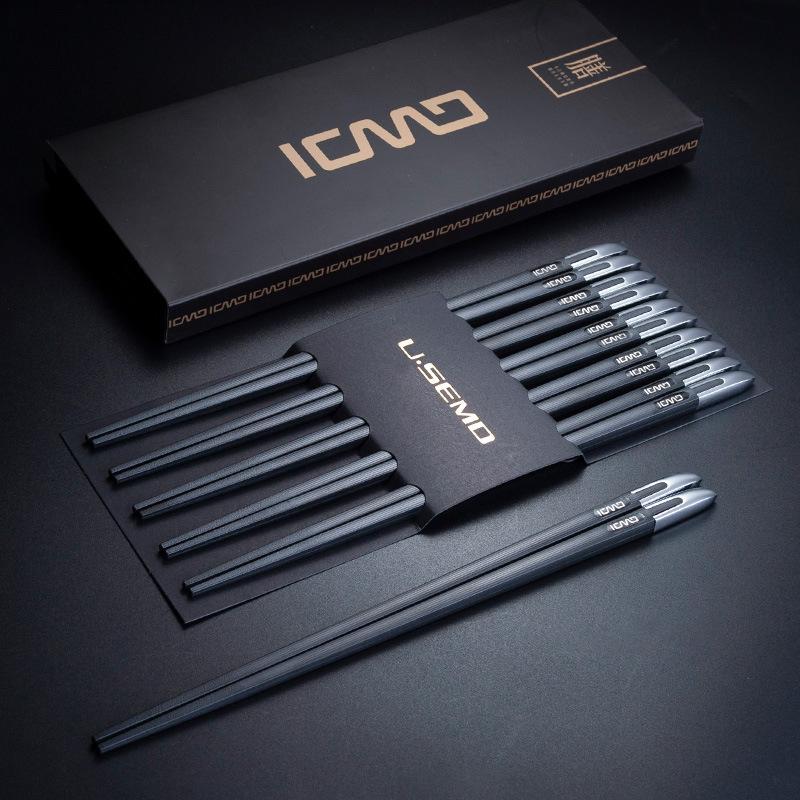 Black Alloy Chopsticks Set 5 Pairs Luxury Chinese Cooking Non-Slip Chopsticks Set