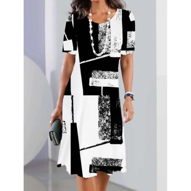 Fashion Casual Floral 3D Digital Printing Round Neck Ladies Dress Plus Size Knee-length Polyester Fiber Made of Loose Waist