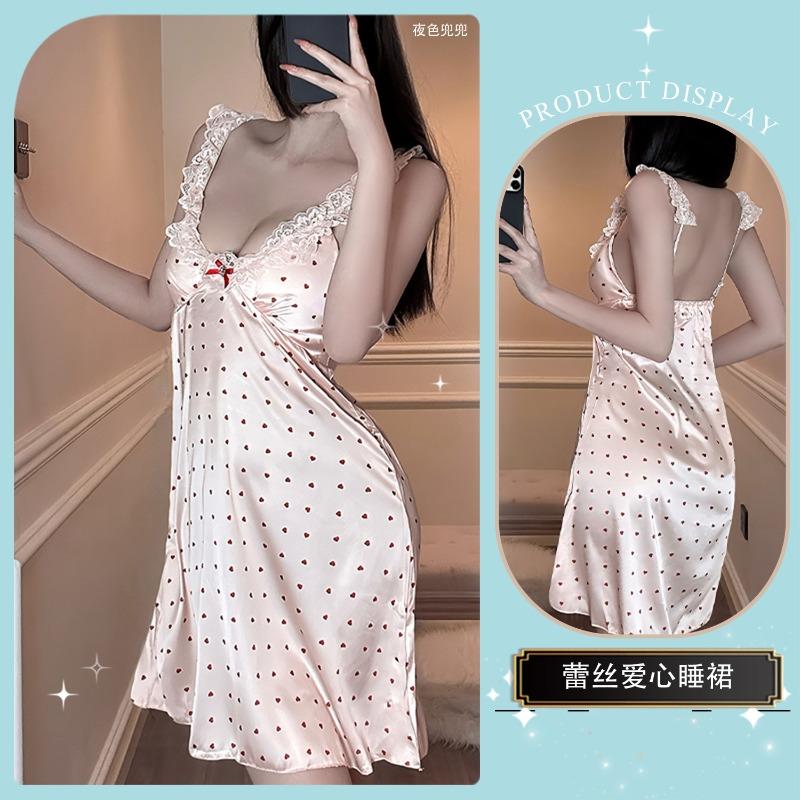 Ice silk suspender nightgown, sexy lace pajamas, spring and autumn pure desire wind women's summer loungewear with chest pads