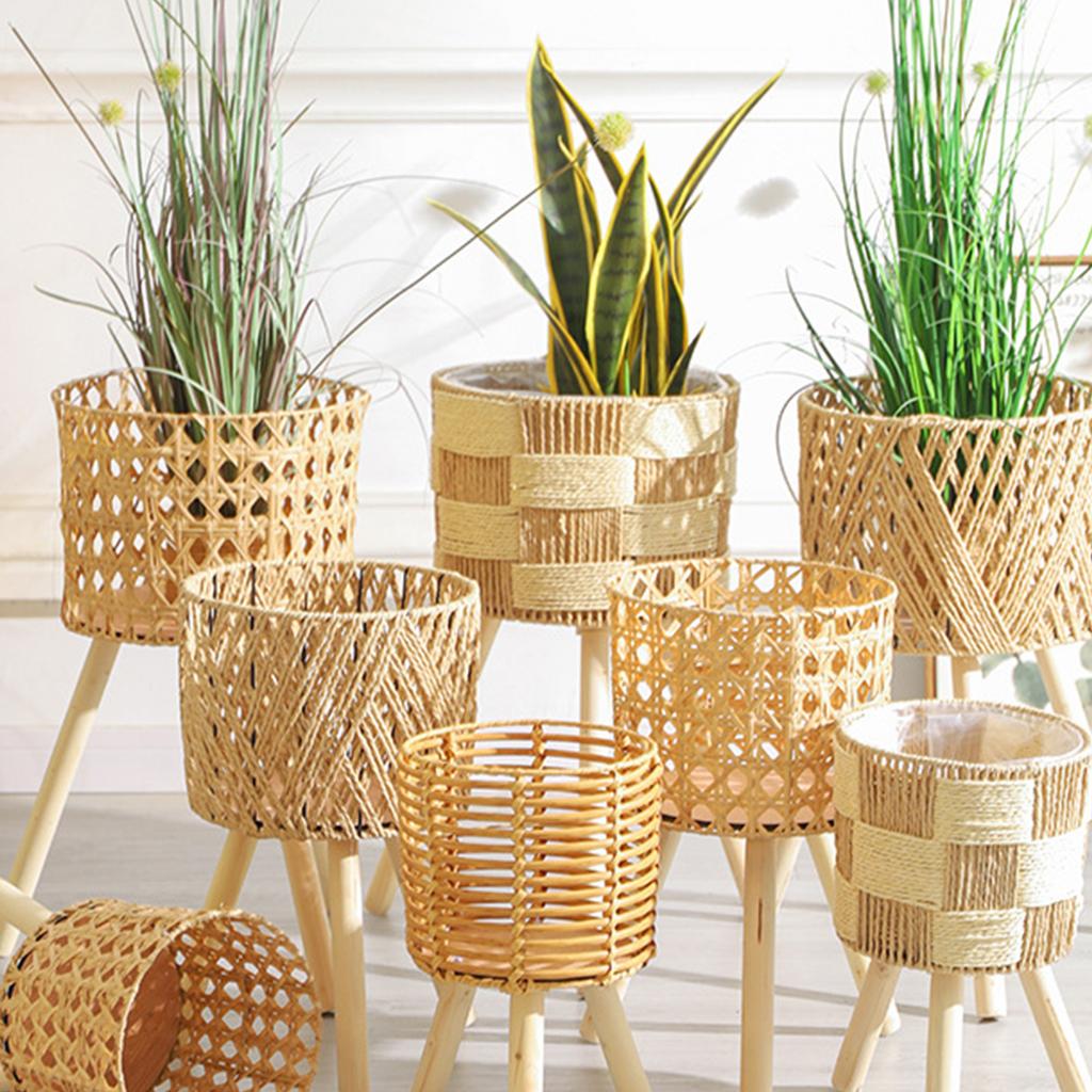 Rattan Indoor Plant Stand Handwoven Flowerpots Stool with Legs Floor Planter Basket Rack Plant Shelf for Garden Home