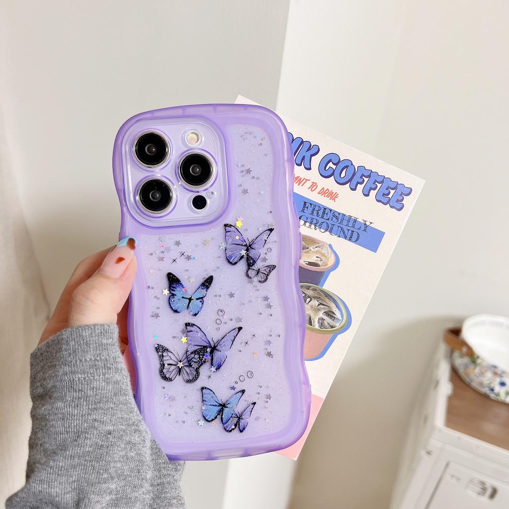 Glitter Sequins Butterfly Bumper Case For iPhone 16 E 15 14 13 12 Mini 11 Pro XR X XS Max 7 8 Plus SE Curly Frame Bling Cover