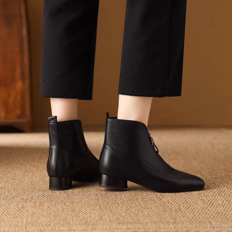 Leather Ankle Boots Women - French Style Zip Front Fashion Boots Slip-Resistant Plush Lined Winter Warm Shoes