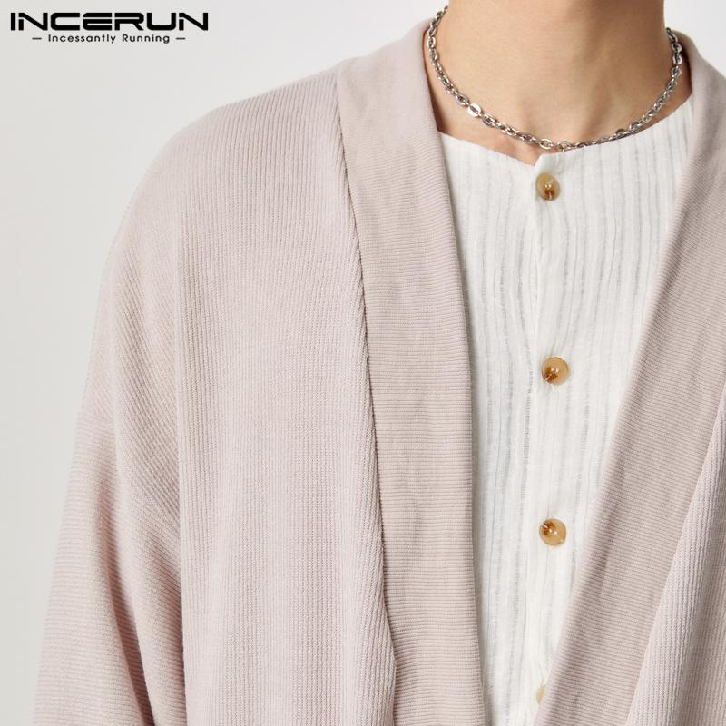 INCERUN Oversized Men Drop Shoulder Long Sleeve Bandage Ribbed Cardigan Baggy Kimono Tops