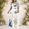 Plus Size Women V Neck Cold Shoulder Tie Cuff Short Sleeve Printed A Line Maxi Dress