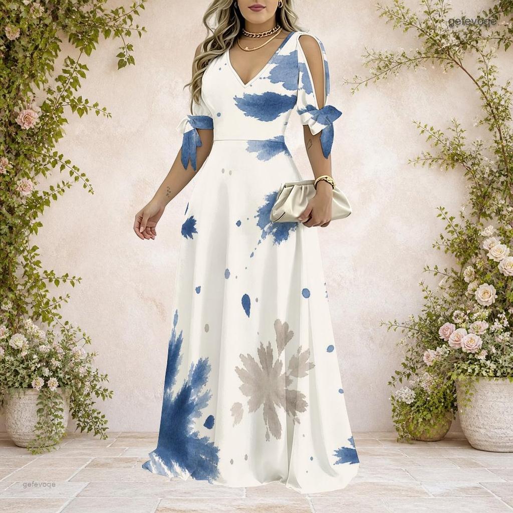 Plus Size Women V Neck Cold Shoulder Tie Cuff Short Sleeve Printed A Line Maxi Dress