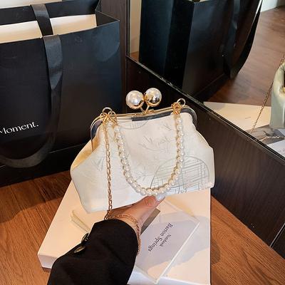 Chinese Style Shoulder Bags for Women Elegant Ladies Pearl Chain Crossbody Bag Purse Female Phe Handbags Evening Silk Clutch